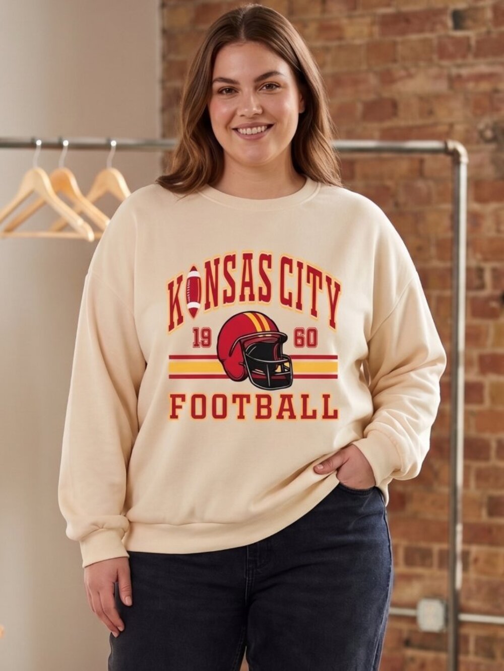 NWOT Kansas City Football 1960 Helmet Graphic Sweatshirt Cream Pullover Top XL
